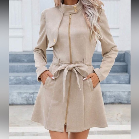 Firerie Dresses & Skirts - Chic Beige Belted Zip Coat Dress | Structured Minimalist | Size L
